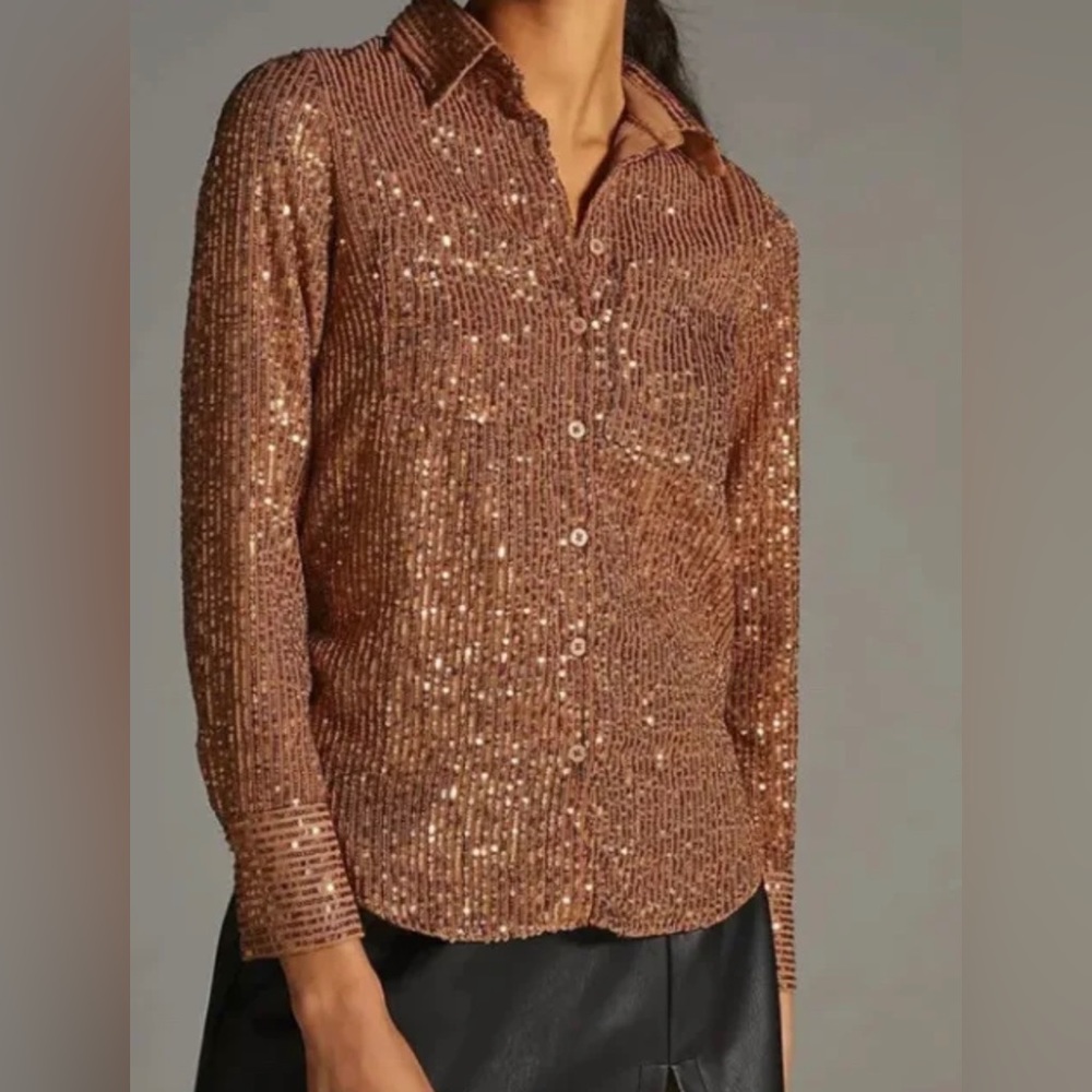 Anthropologie Bronze Sequin Blouse $130 Top XS Small Petite L/S Button Down NWT